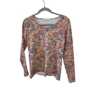 Peruvian Connection Floral Print Long Sleeve Top Shirt Peach Blue Women's M